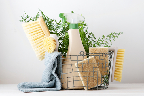 Cleaning Supplies Basket Cleaning Housekeeping Concept Stock Photo